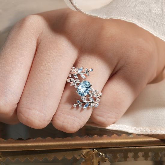 GemsMagic Starbrite Cut Lab Grown Aquamarine Cross Leaf Ehancer Ring Set - Kira
