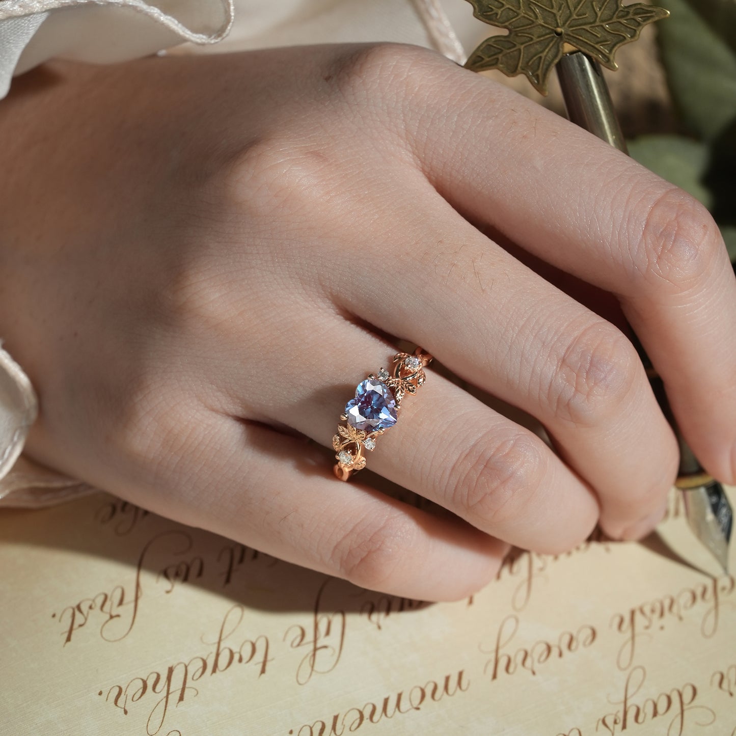 Leaf-Inspired Heart Shaped Alexandrite Engagement Ring - Poppy