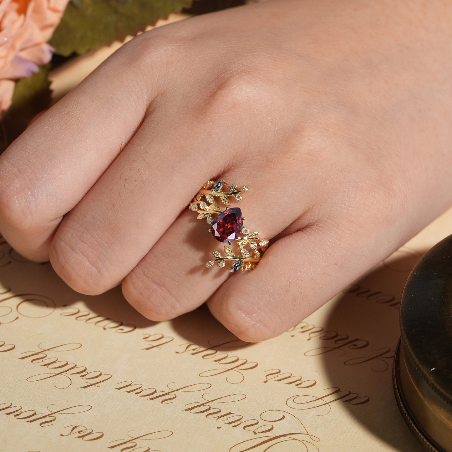 Aphrodite's Enchanted Vine| Pear Garnet Cross Nature Inspired Ehancer Ring Bridal Set - GemsMagic