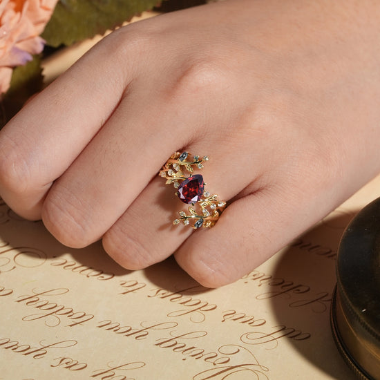Aphrodite's Enchanted Vine| Pear Garnet Cross Nature Inspired Ehancer Ring Bridal Set - GemsMagic