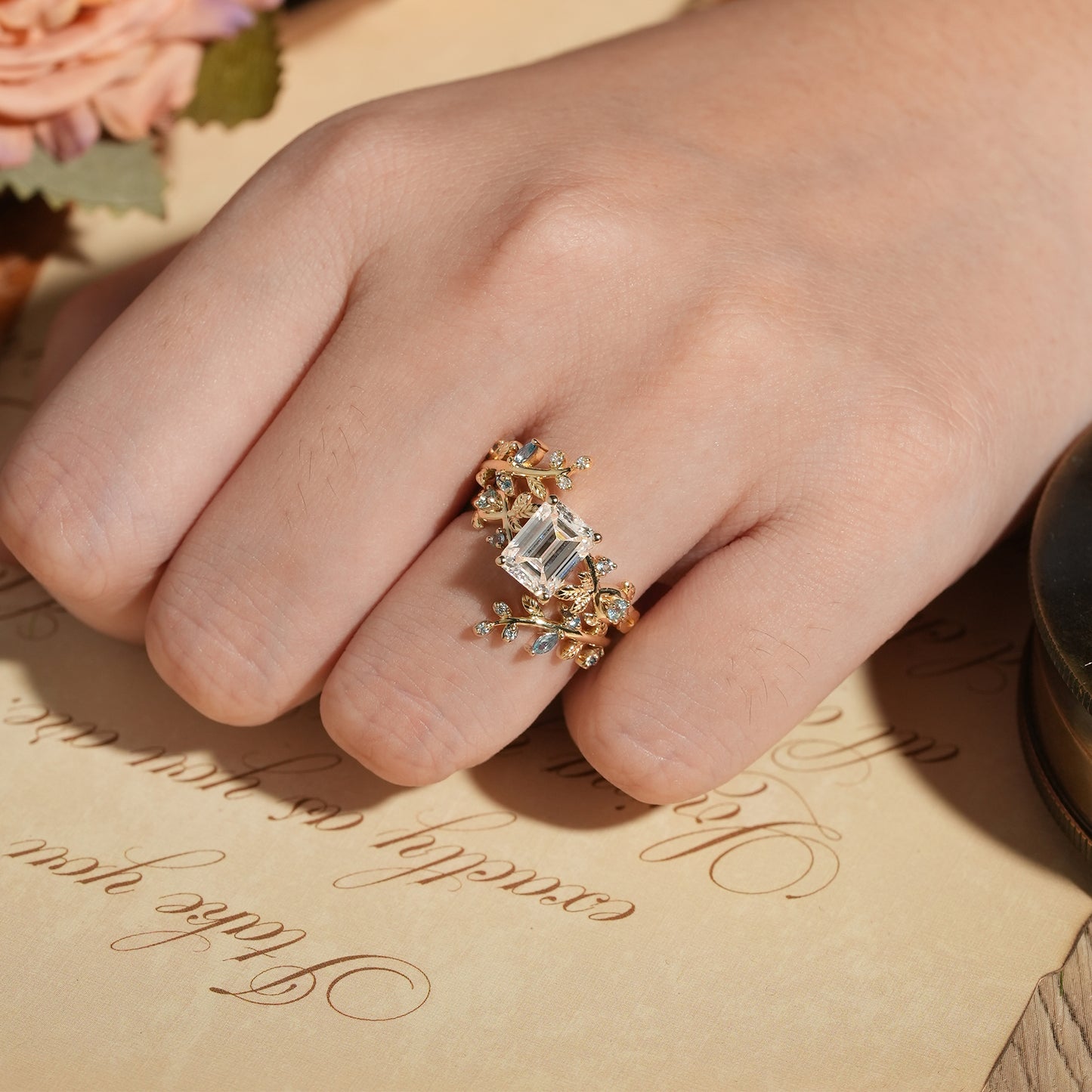 Emerald Cut Moissanite Ring Set with Topaz