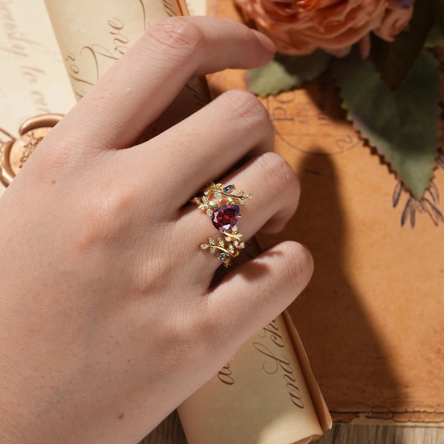 Aphrodite's Enchanted Vine| Pear Garnet Cross Nature Inspired Ehancer Ring Bridal Set - GemsMagic