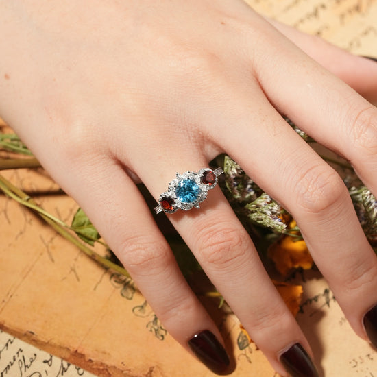 3-Stones Blue Topaz with Halo Moissanite Engagement Ring