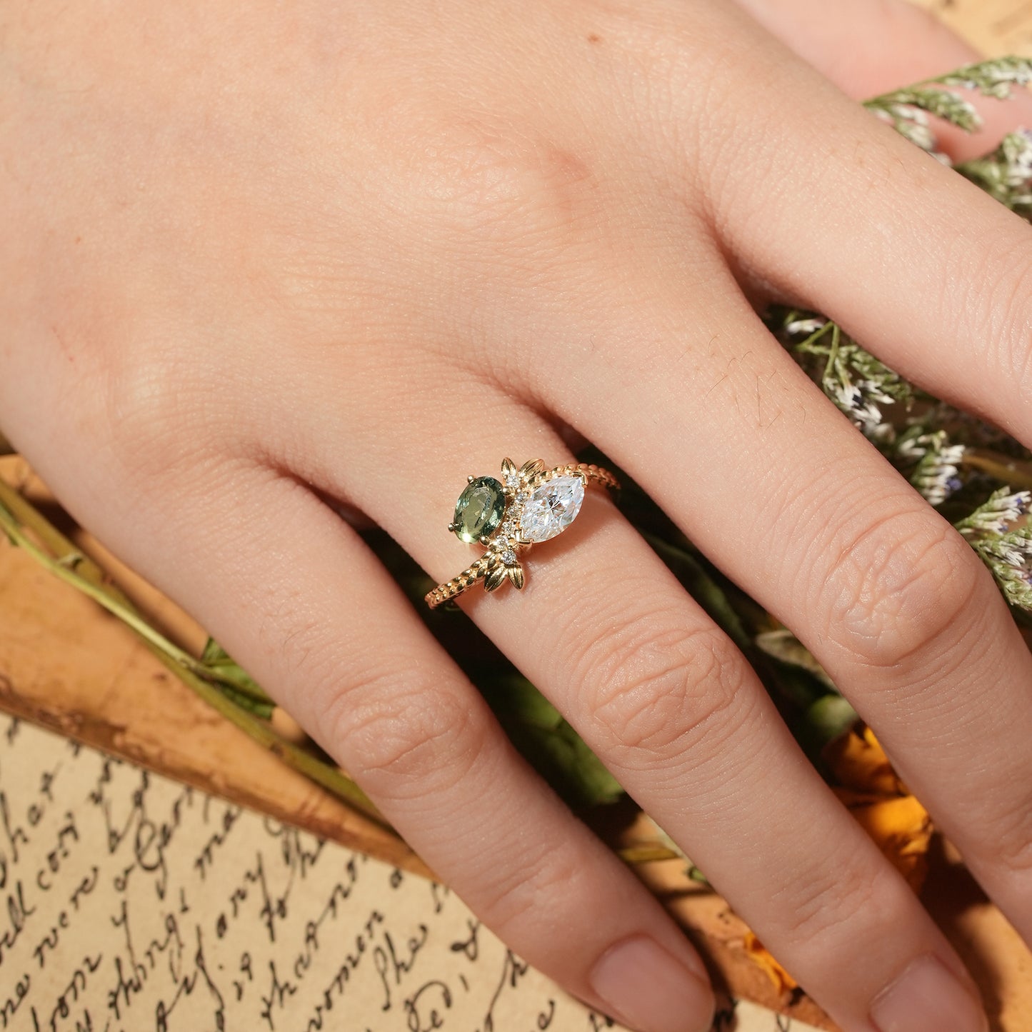 Two Stones Moissanite and Green Sapphire Engagement Ring