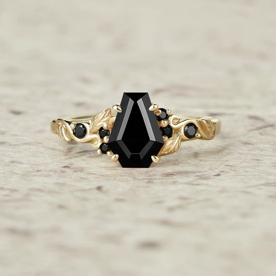 Coffin Cut Black Onyx Leaf Ring