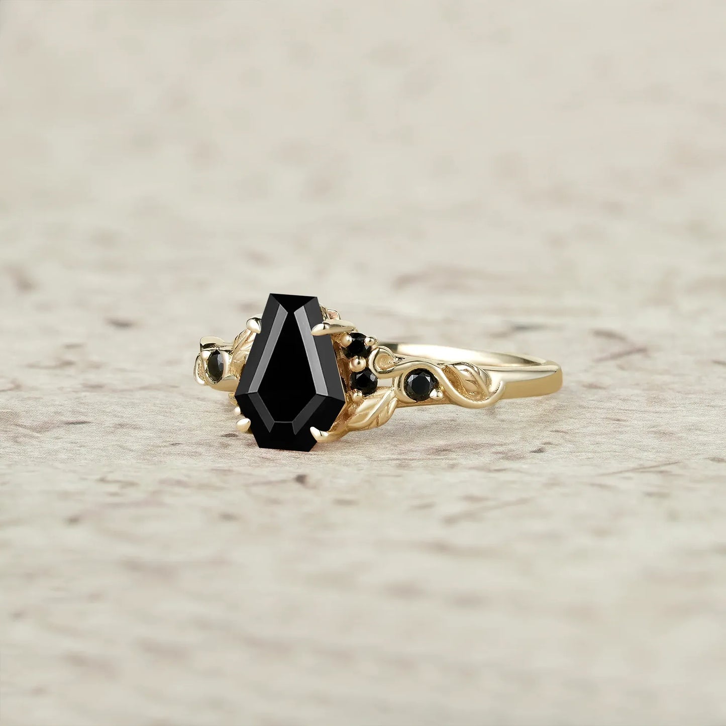 Coffin Cut Black Onyx Leaf Ring