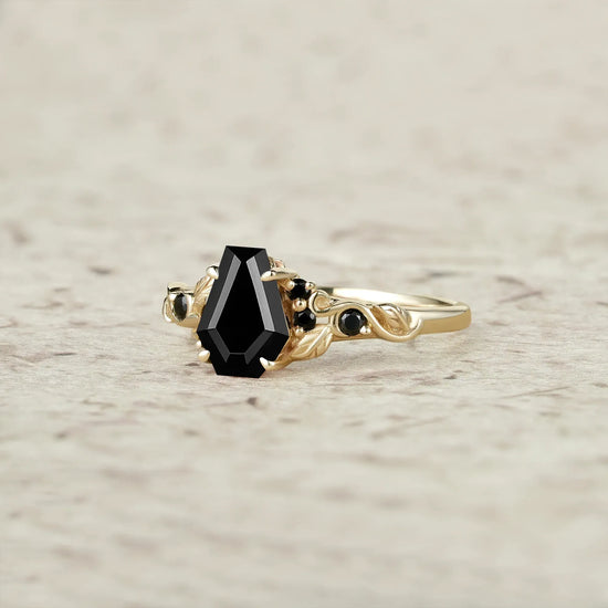 Coffin Cut Black Onyx Leaf Ring