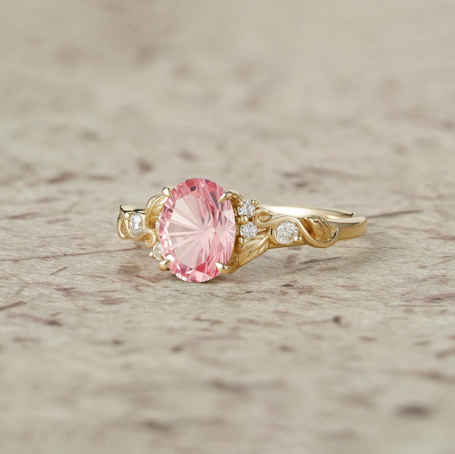 Sparkle Cut Pink Sapphire Leaf Engagement Ring