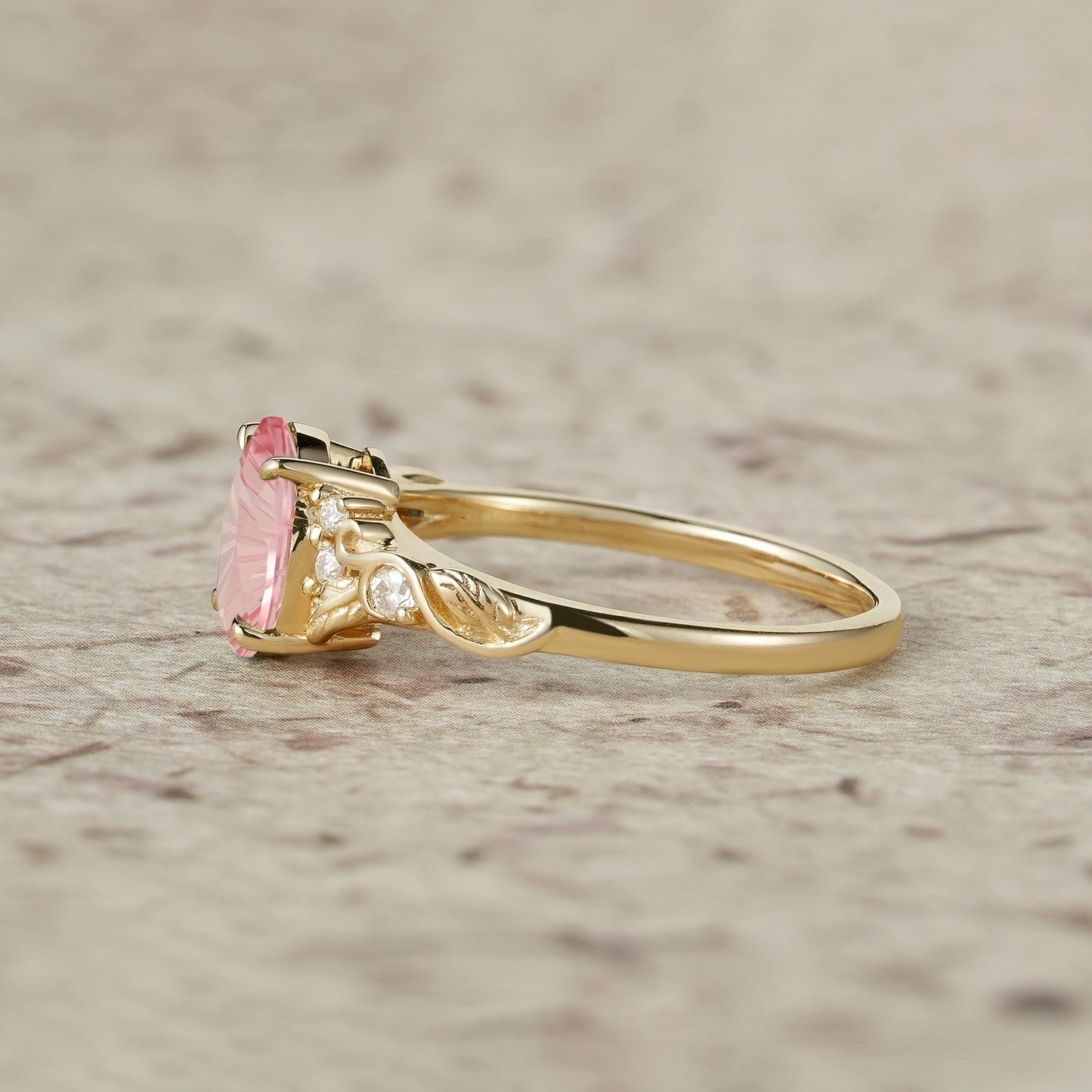 Sparkle Cut Pink Sapphire Leaf Engagement Ring
