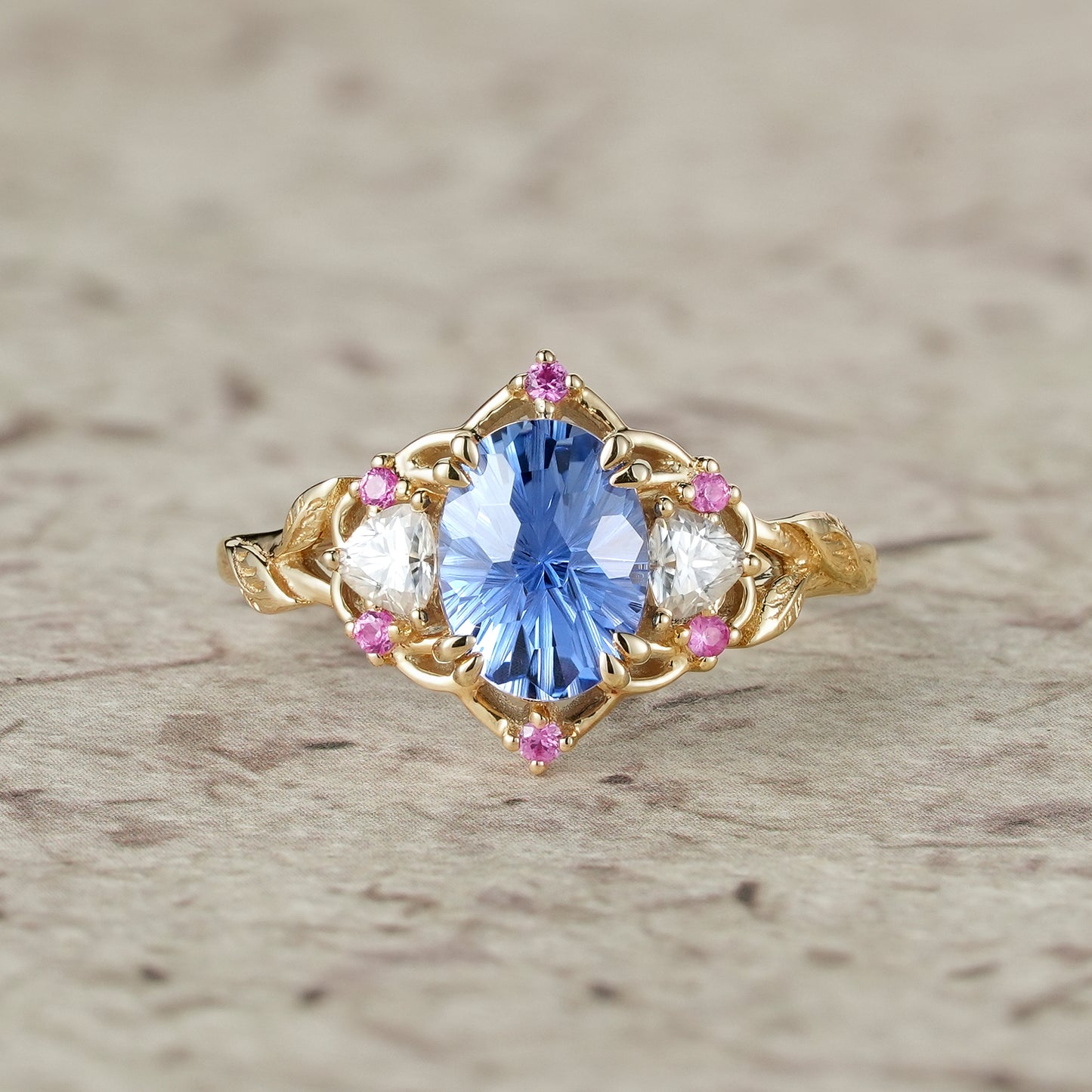 Three-Stones Starbrite Cut Sapphire Engagement Ring