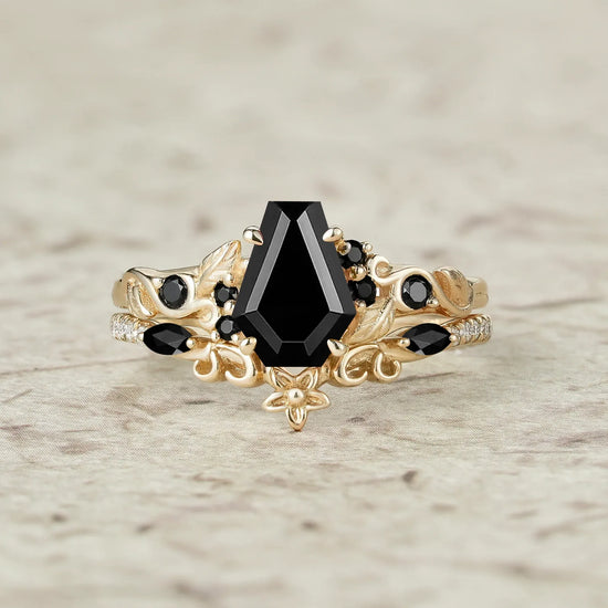 Coffin Cut Black Onyx Leaf Ring Set
