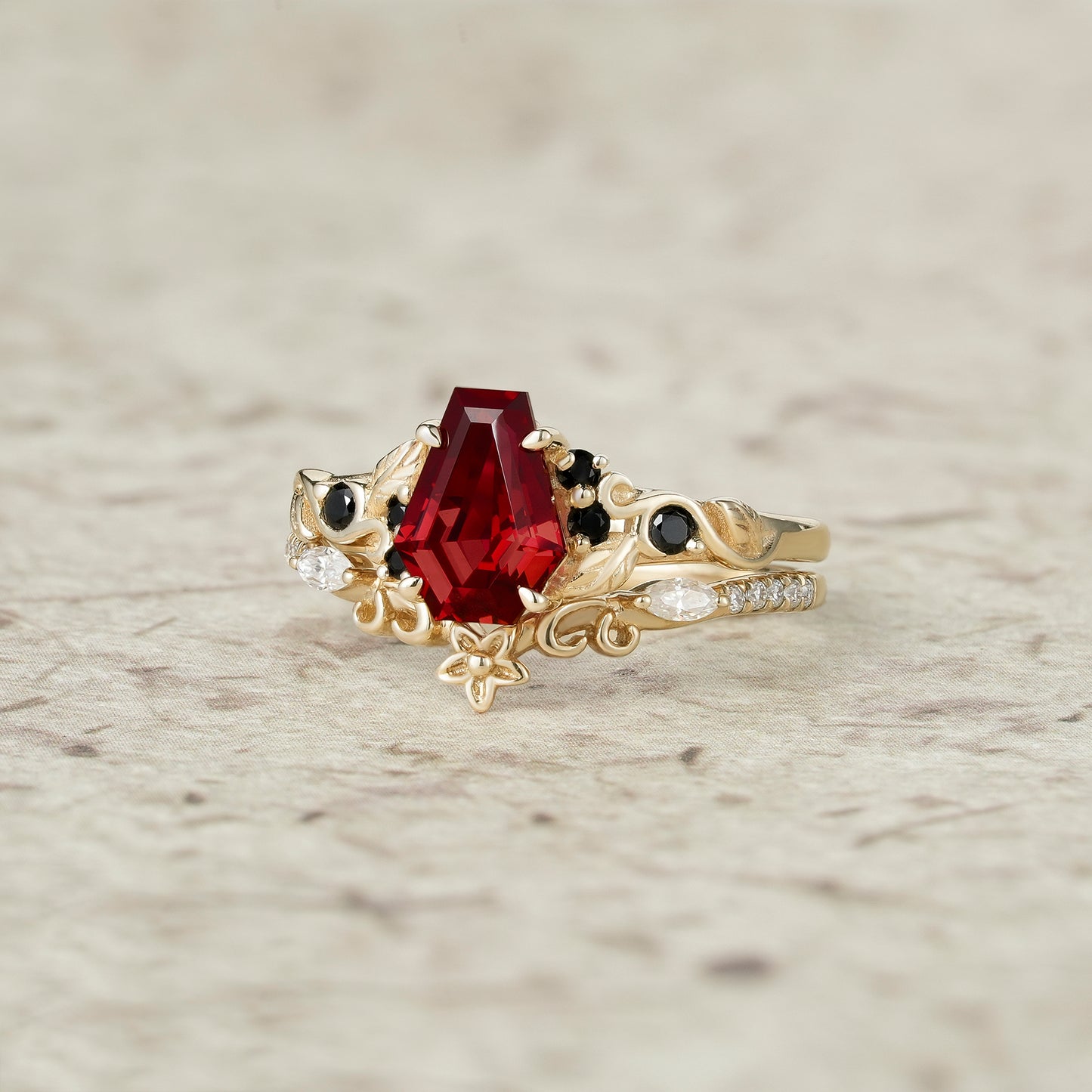 2pcs Coffin Cut Ruby Leaf Ring Set 