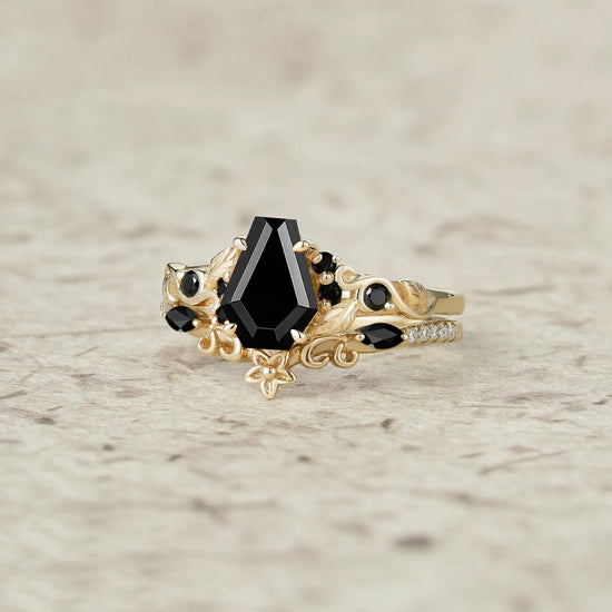 Coffin Cut Black Onyx Leaf Ring Set