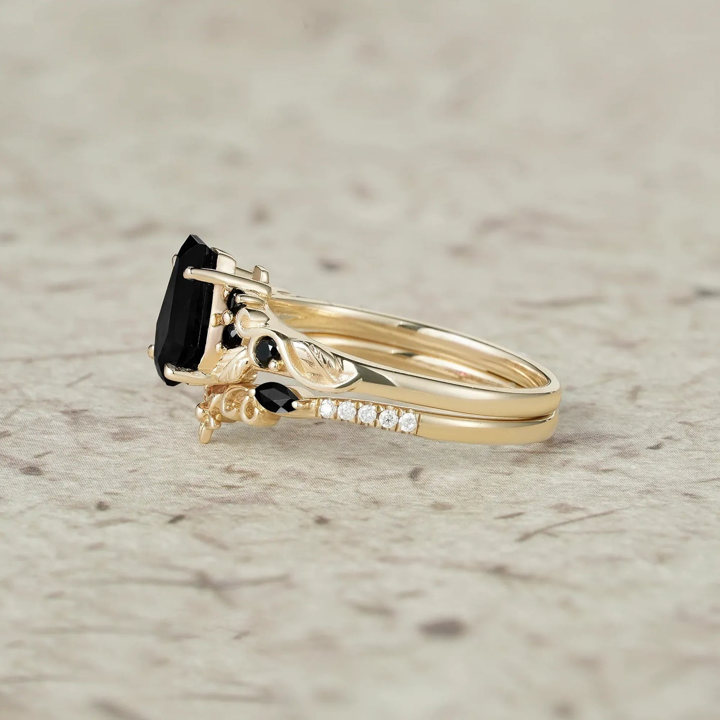Coffin Cut Black Onyx Leaf Ring Set