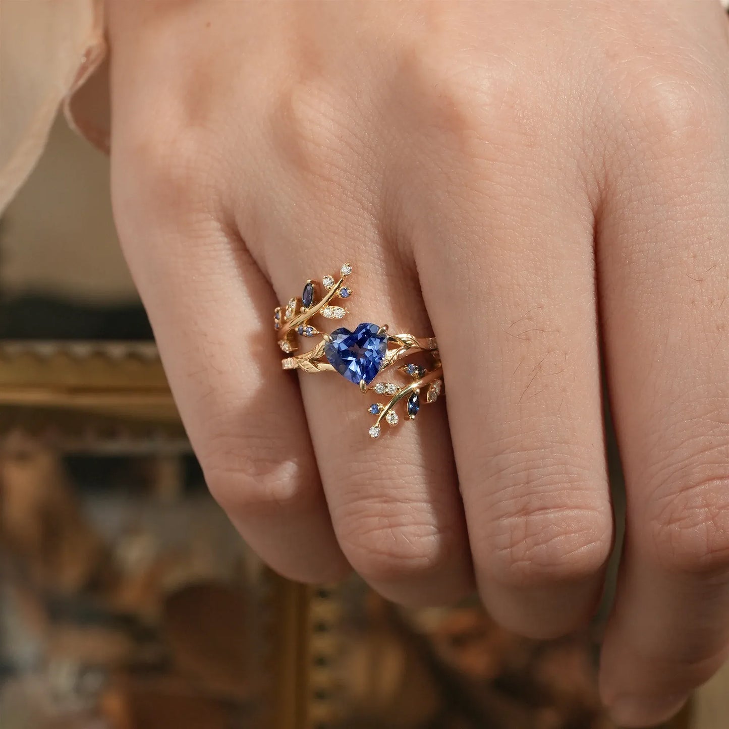 Heart Shaped Sapphire Engagement Ring Set
