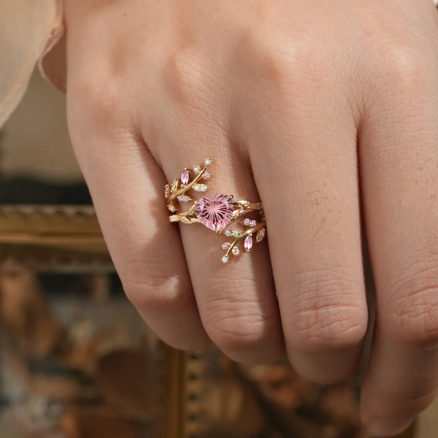 Heart Shaped Sparkle Cut Padparadscha Engagement Ring Set