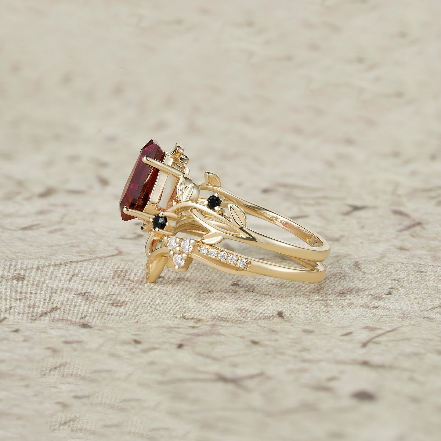 2pcs Coffin Shaped Ruby Leaf Ring Set