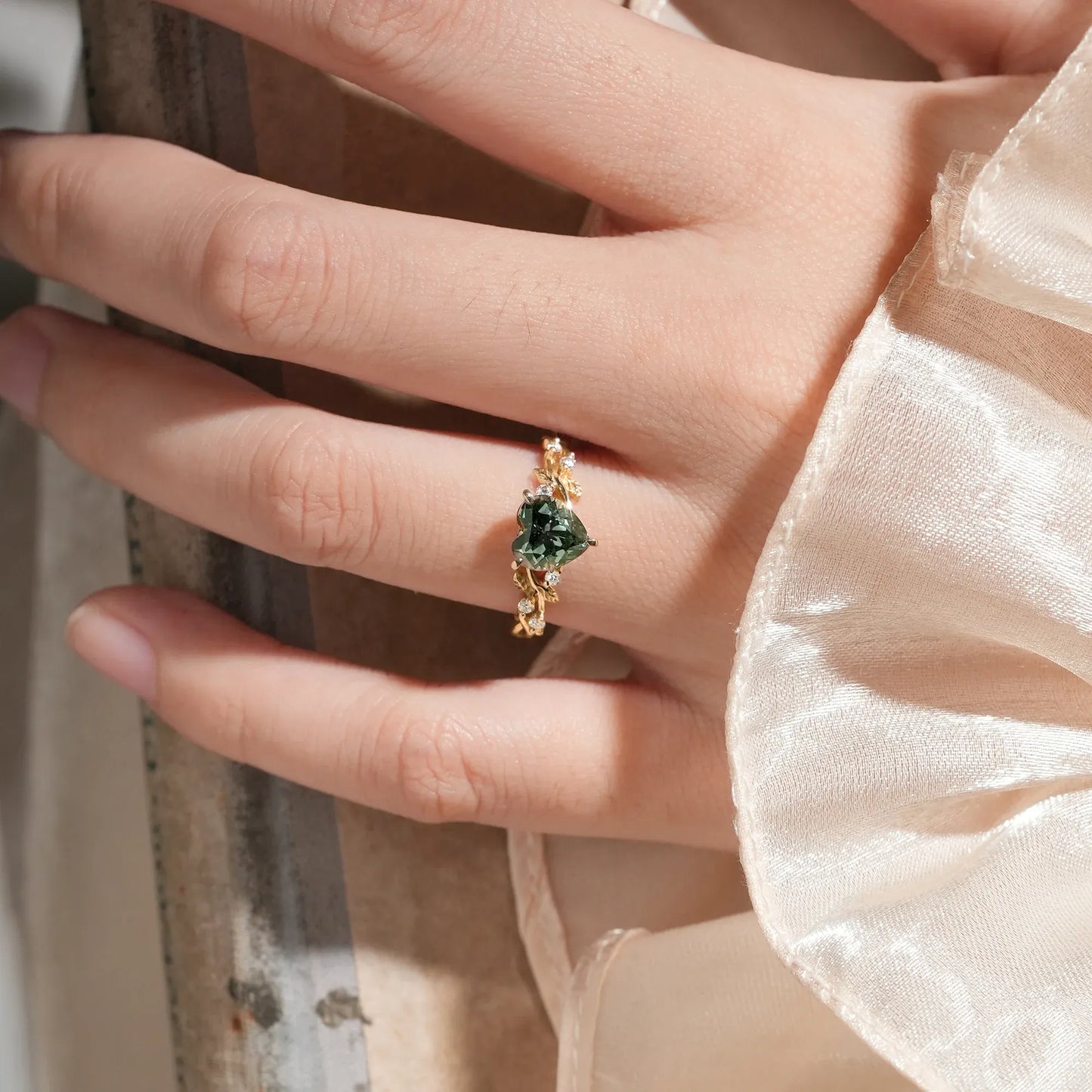 Heart Shaped Green Sapphire Leaf Engagement Ring