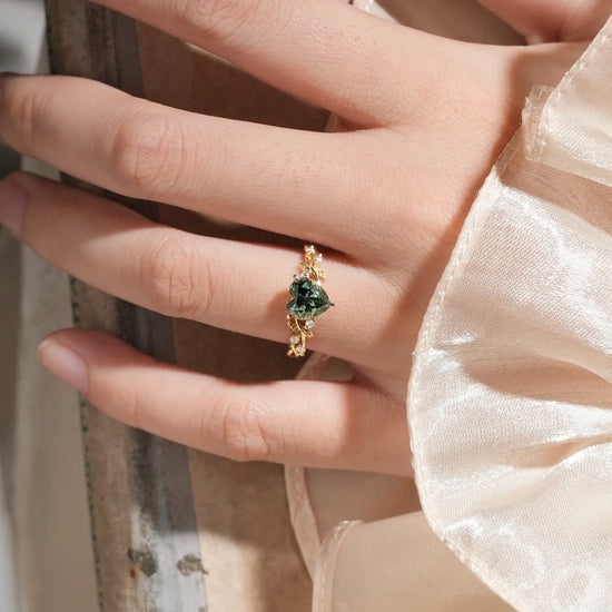 Heart Shaped Green Sapphire Leaf Engagement Ring