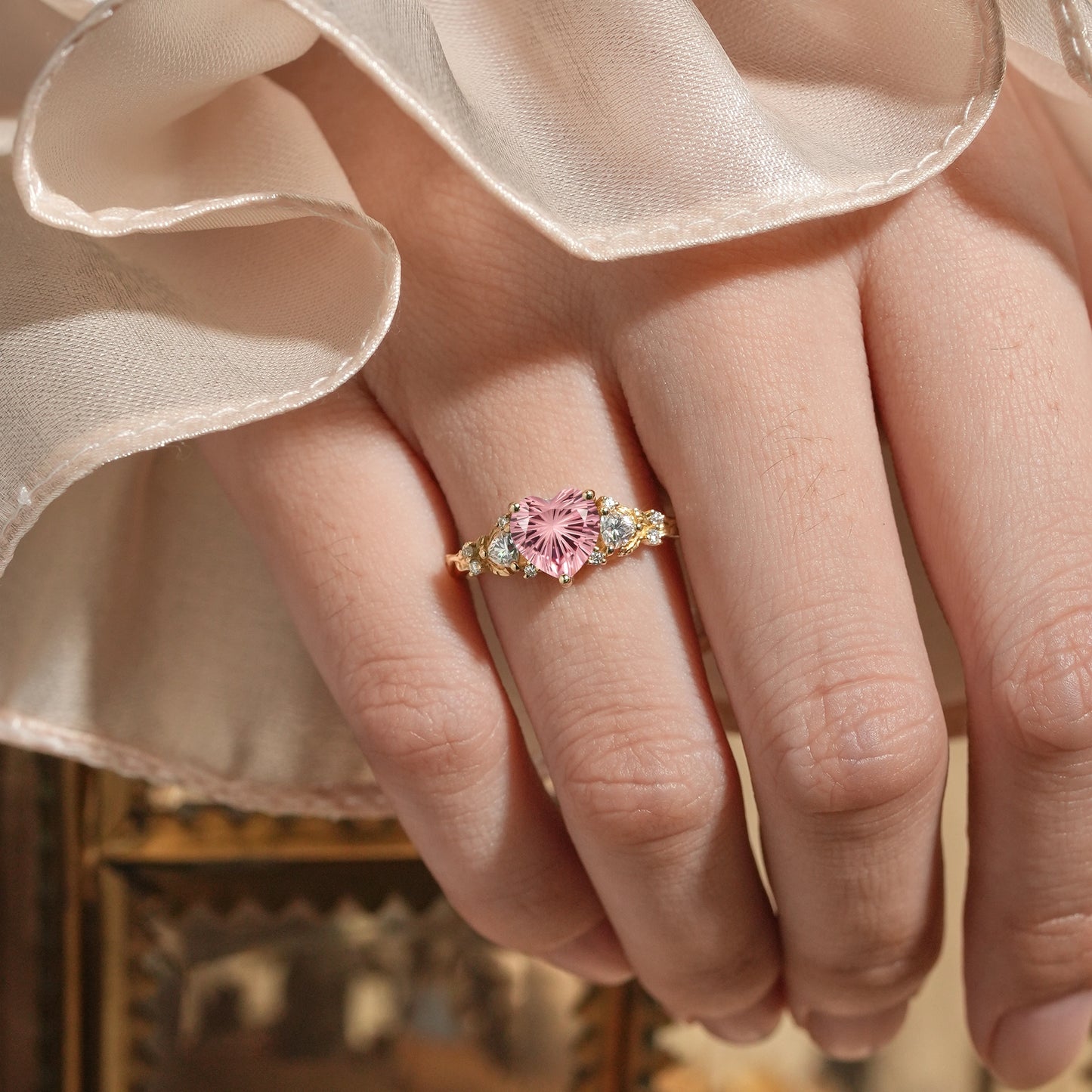 Heart Shaped Padparadscha Engagement Ring