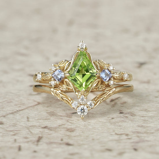 Three-Stone Peridot and Tanzanite Leaf Ring Set