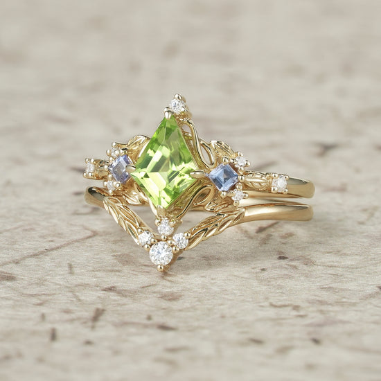 Three-Stone Peridot and Tanzanite Leaf Ring Set