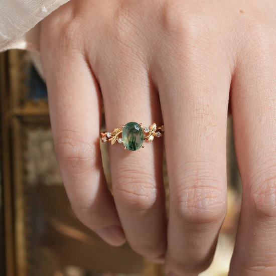 Oval Cut Moss Agate Leaf Engagement Ring