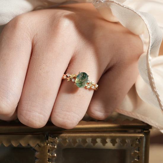 Oval Cut Moss Agate Leaf Engagement Ring