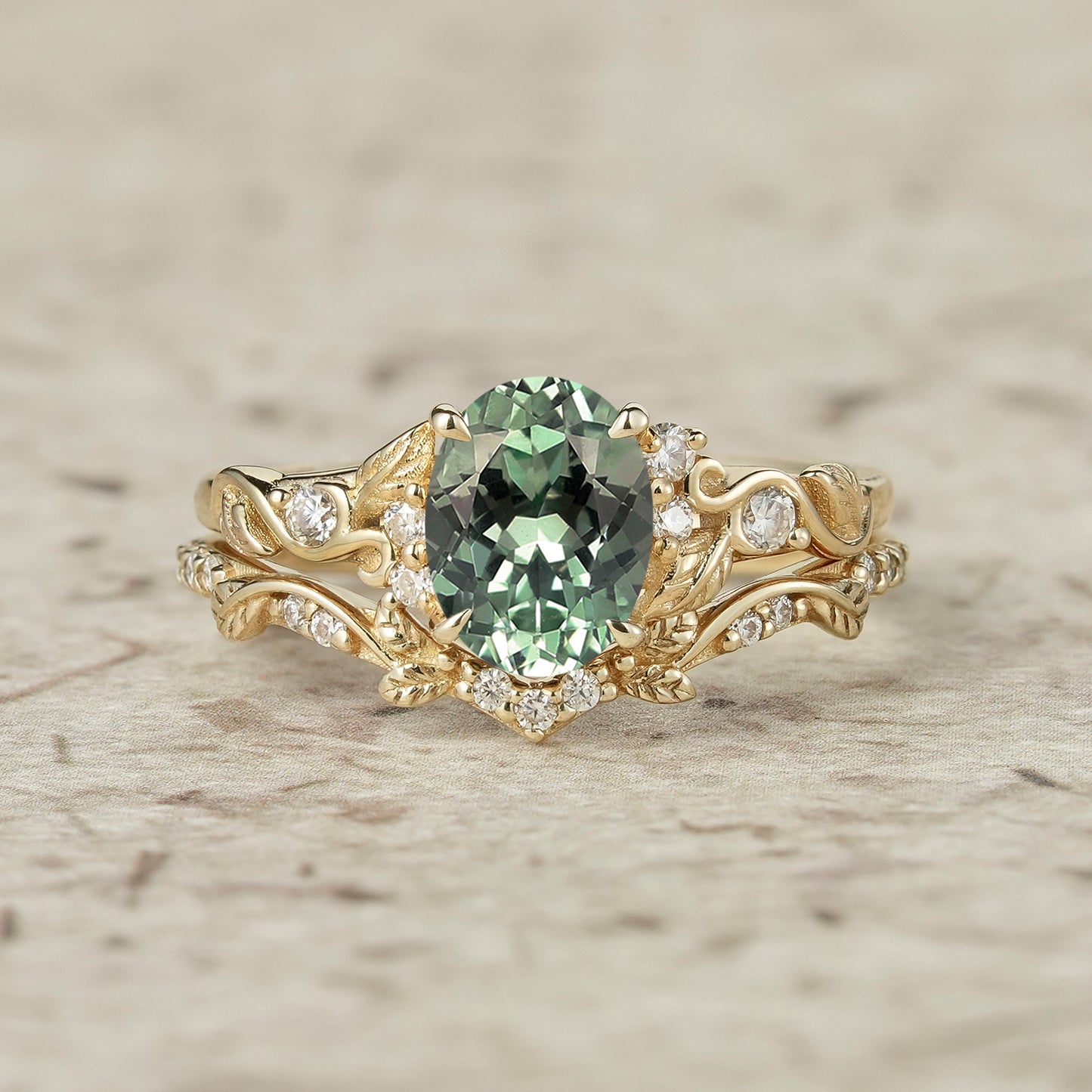 Oval Green Sapphire & Moissanite Engagement Ring Set