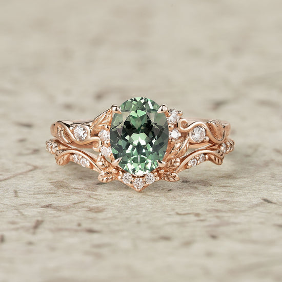 Green Sapphire Leafy Inspired Engagement Ring Set-Zenobia - GemsMagic