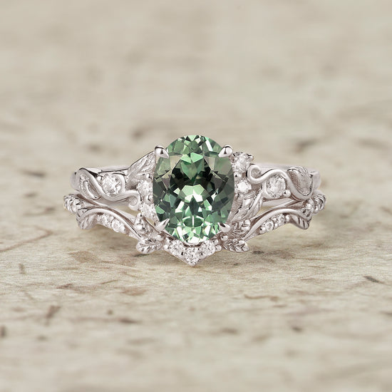Green Sapphire Leafy Inspired Engagement Ring Set-Zenobia - GemsMagic