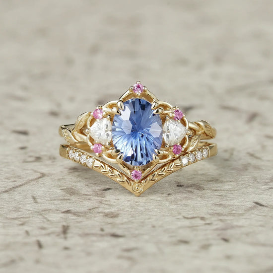 Three-Stone Sparkle Cut Sapphire and Moissanite Vintage Bridal Set