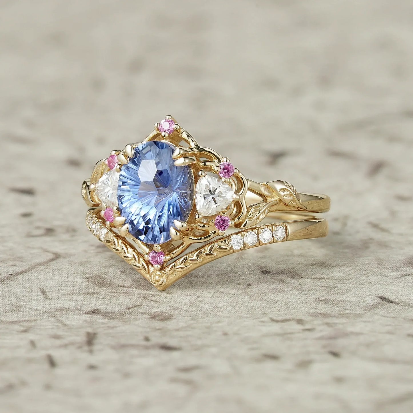 Three-Stone Sparkle Cut Sapphire and Moissanite Vintage Bridal Set