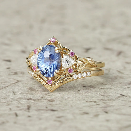 Three-Stone Sparkle Cut Sapphire and Moissanite Vintage Bridal Set