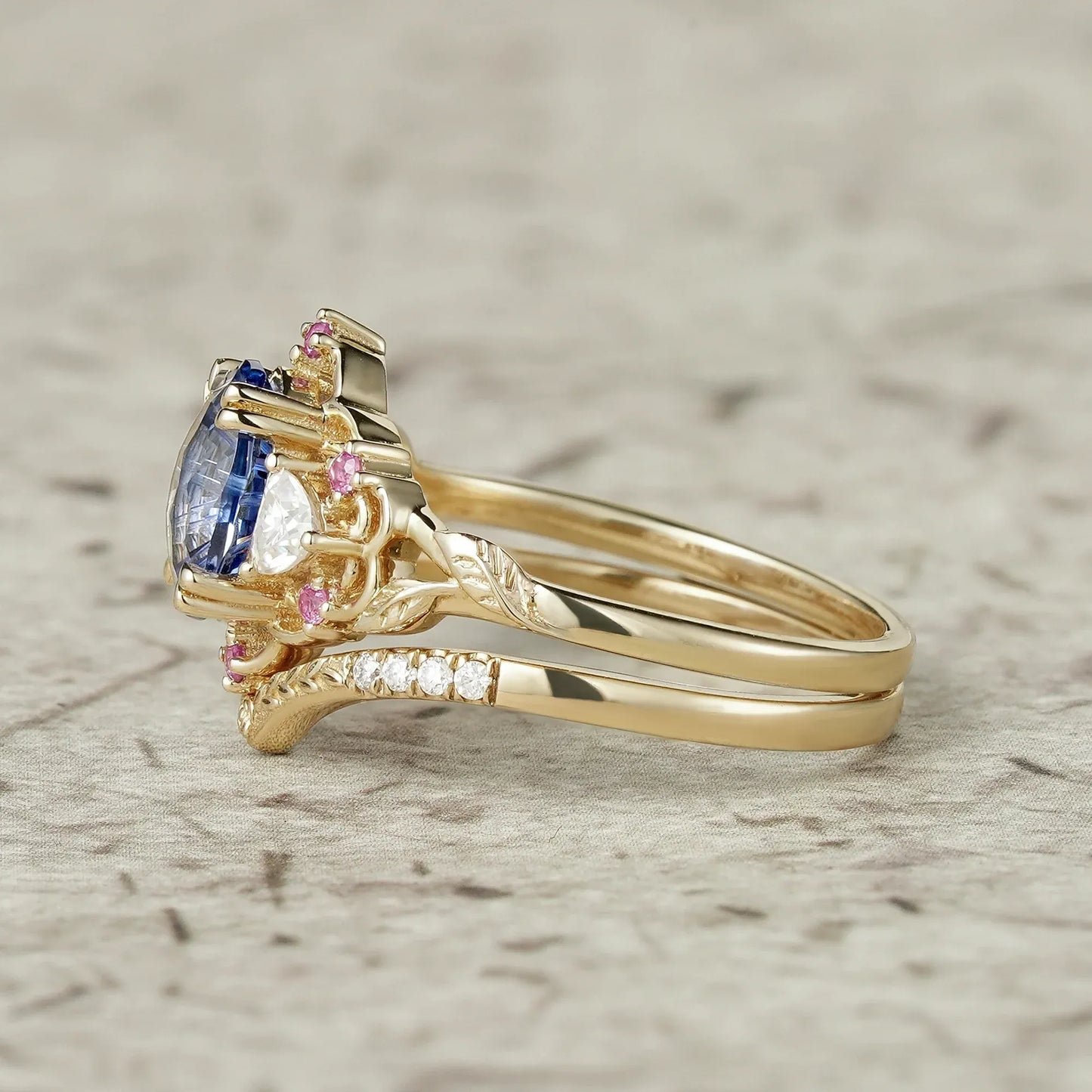 Three-Stone Sparkle Cut Sapphire and Moissanite Vintage Bridal Set