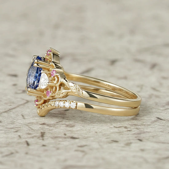 Three-Stone Sparkle Cut Sapphire and Moissanite Vintage Bridal Set