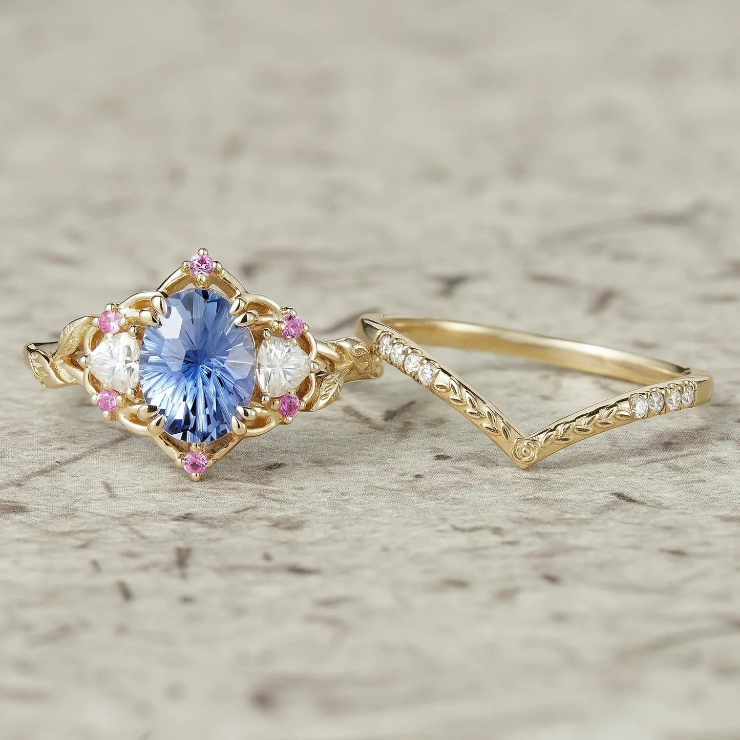 Three-Stone Sparkle Cut Sapphire and Moissanite Vintage Bridal Set