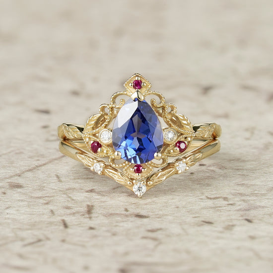 Cornflower Sapphire & Ruby Leaf Ring Set