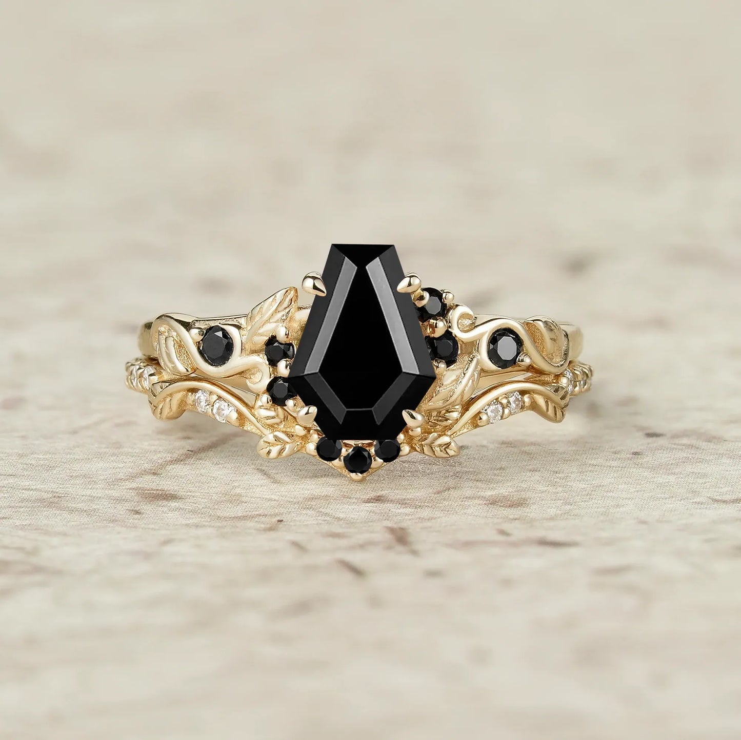 Coffin Cut Black Onyx Leaf Ring Set