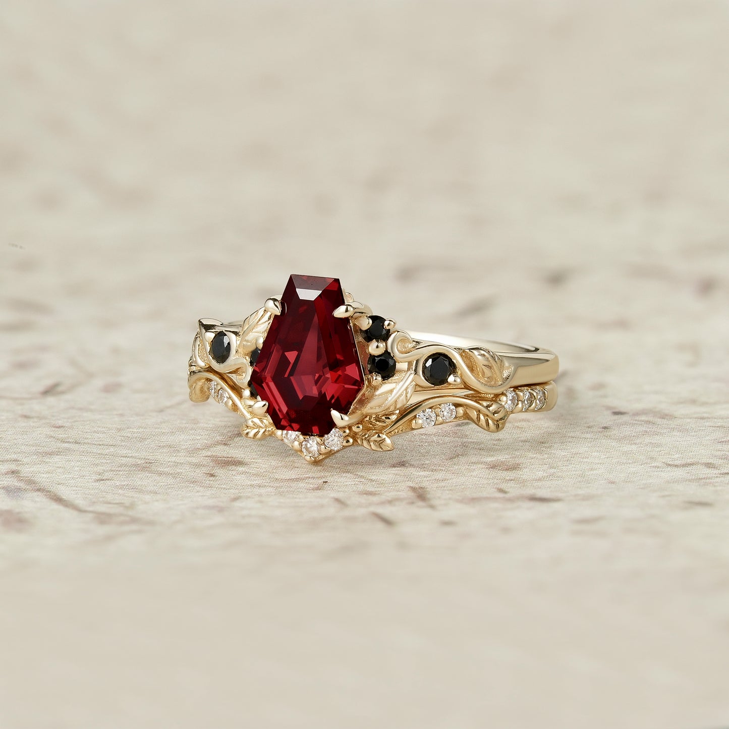Nature's Embrace: Coffin Cut Ruby Leaf Ring Set - Penelope - GemsMagic