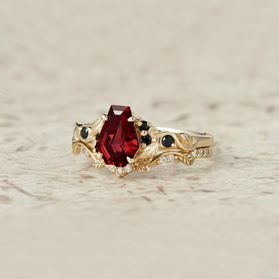 Nature's Embrace: Coffin Cut Ruby Leaf Ring Set - Penelope - GemsMagic