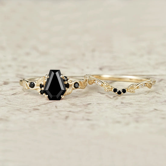 Coffin Cut Black Onyx Leaf Ring Set