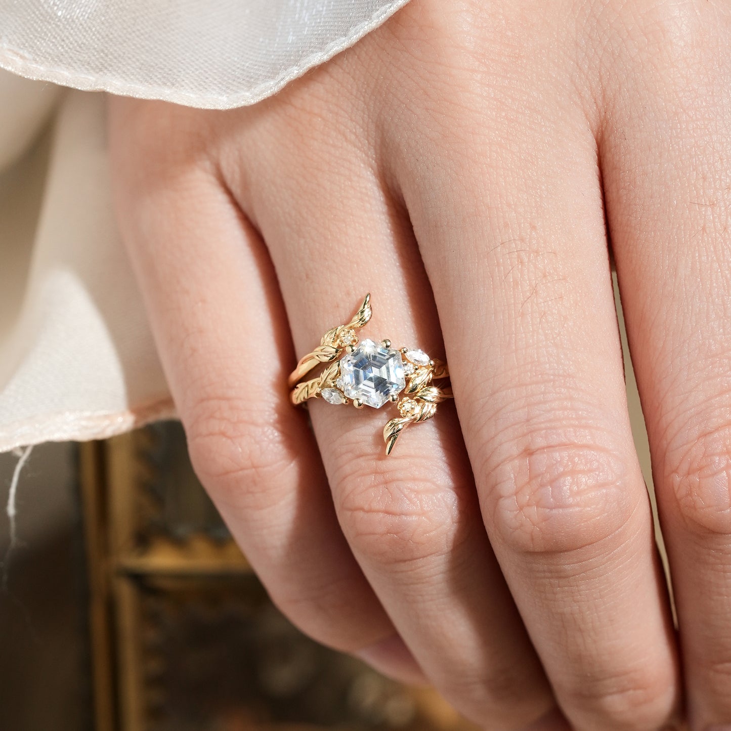 Hexagon Moissanite Vine Floral Enhancer Ring Set-Noor