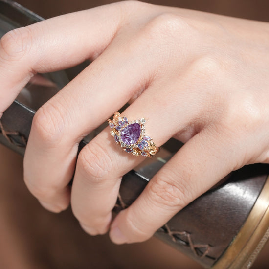 Alexandrite Halo Gold Ring Set 2pcs