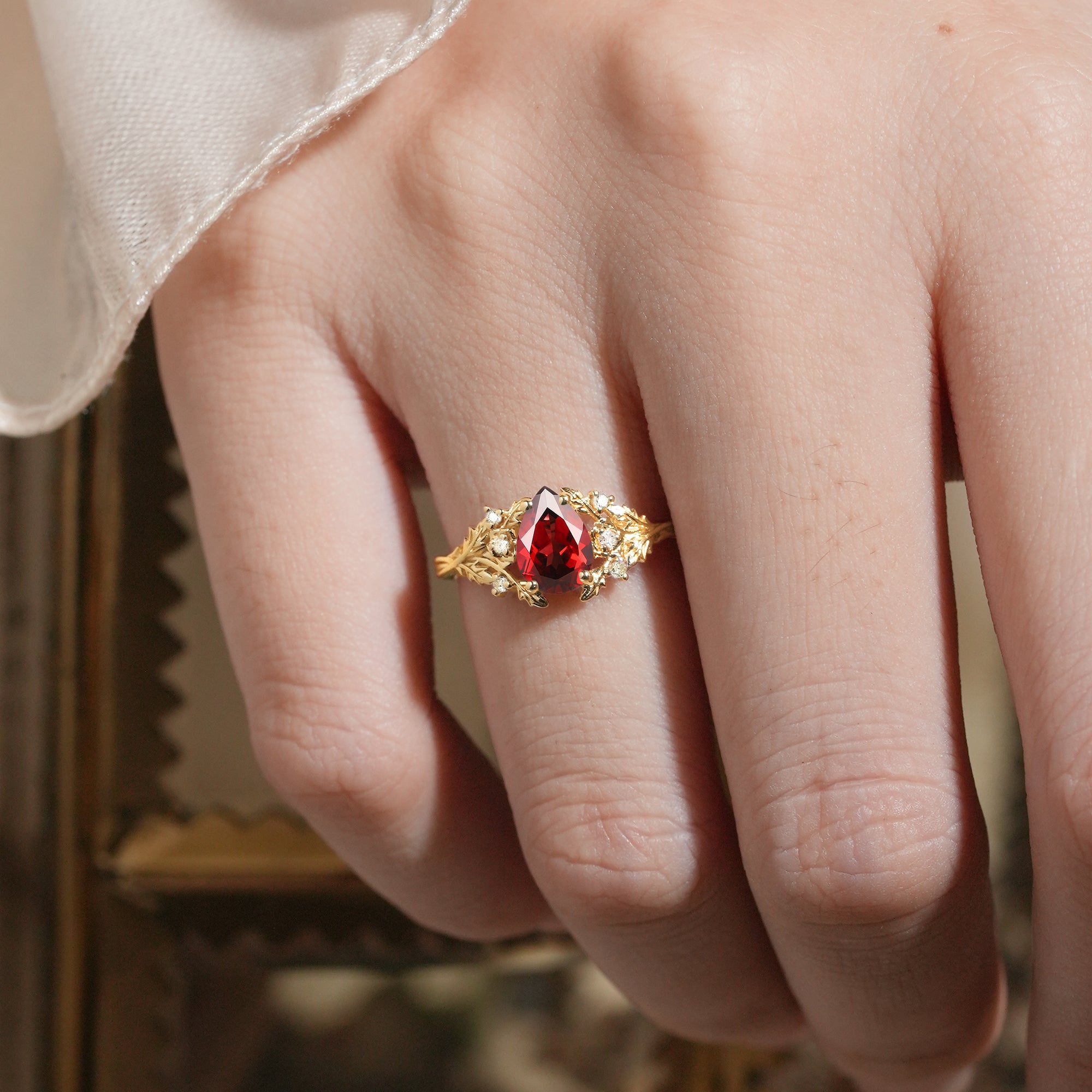 Pear Cut Garnet Leaf Engagement Ring - Matilda