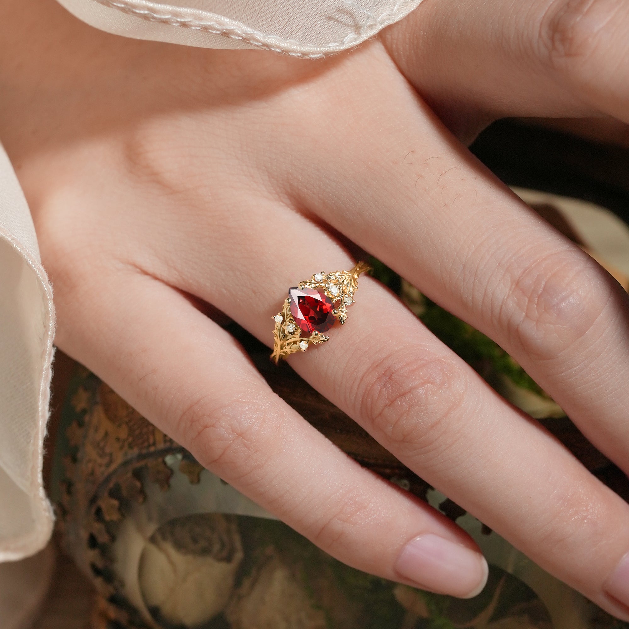 Pear Cut Garnet Leaf Engagement Ring - Matilda