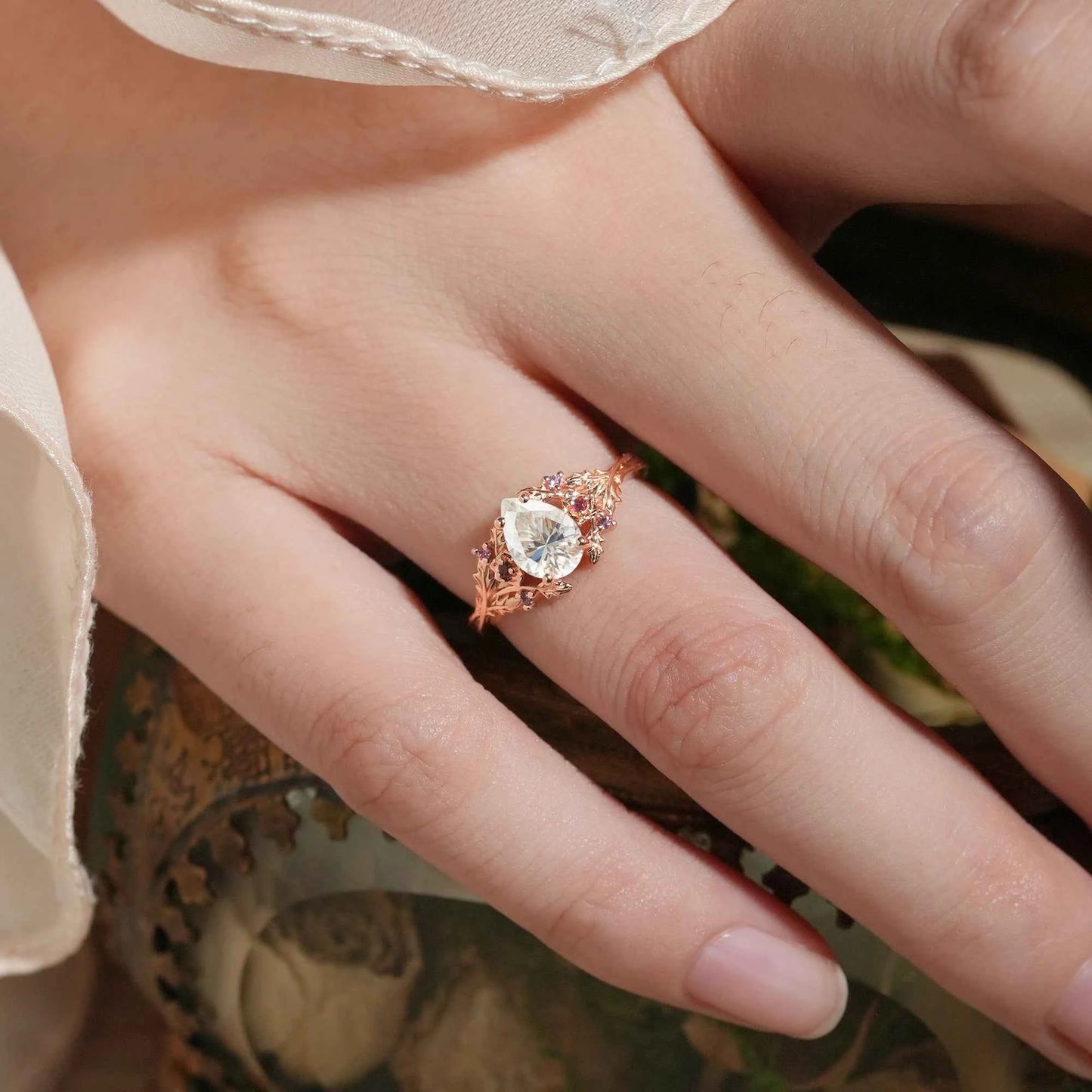 Leaf Moissanite & Ruby Engagement Ring - Matilda