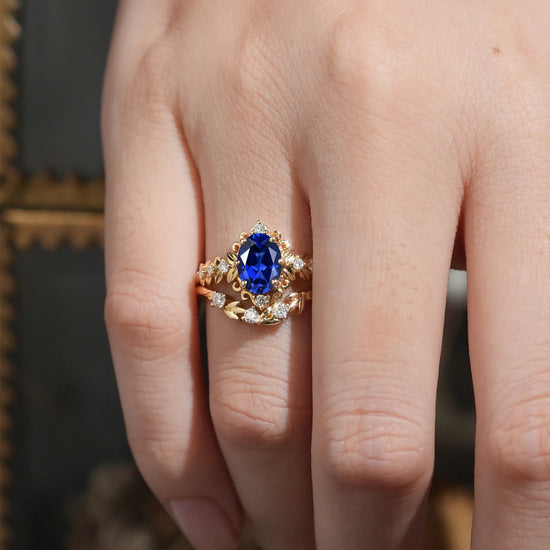 Oval Sapphire Leaf Ring Set
