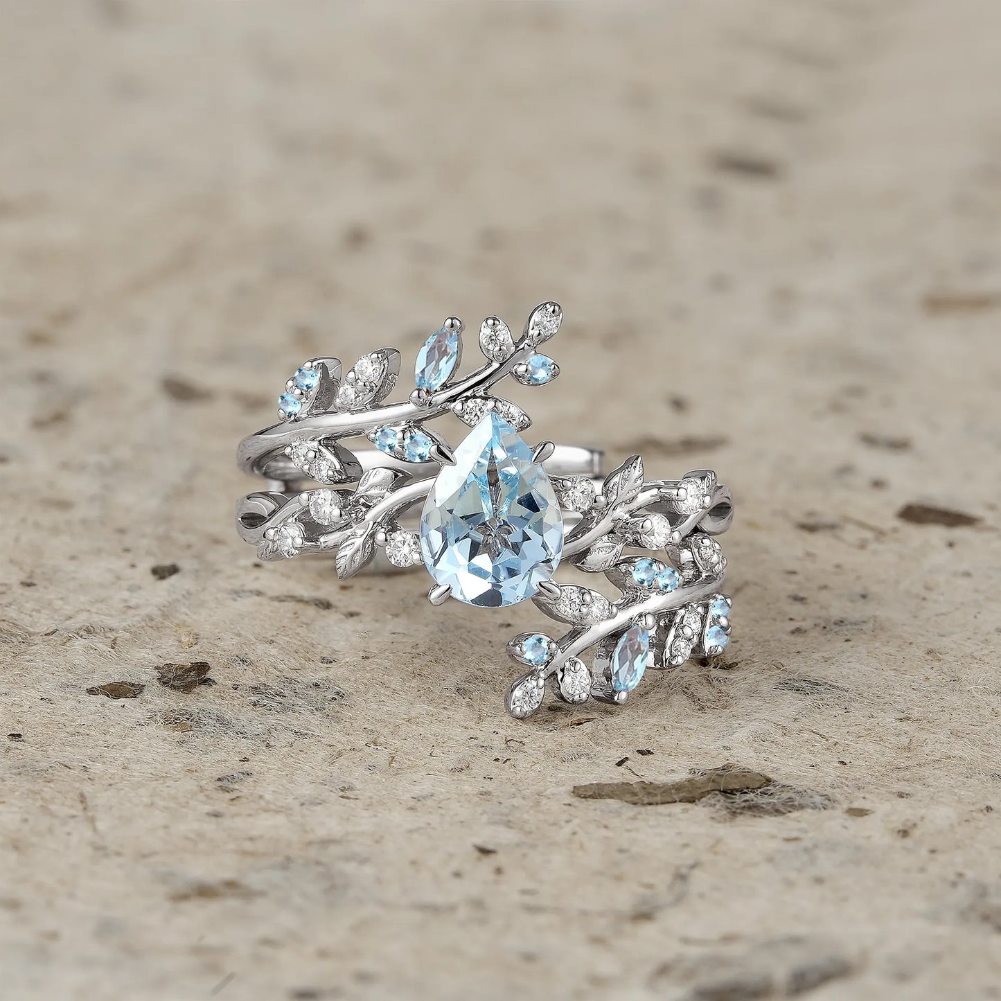 Blue Topaz Cross Leaf Ehancer Ring Set