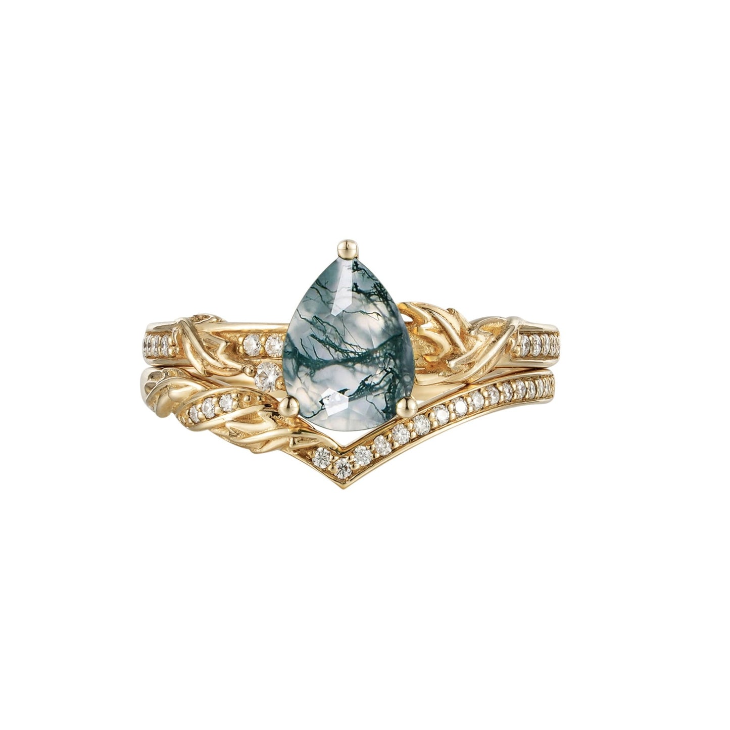 Asymmetric moss agate pear engagement ring with gold band and moissanite accents.